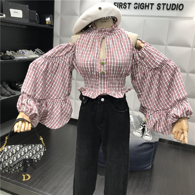 Új modell kockás női ing csupasz váll és széles ujjú