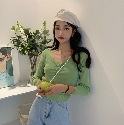 Női lezser rövid blúz zöld has és bézs színben