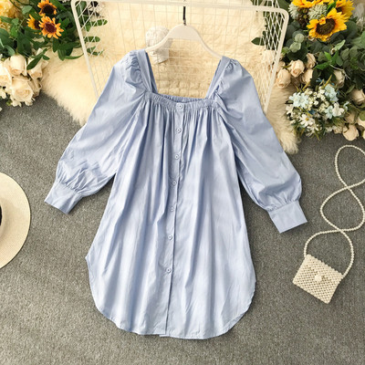 Camasa larga dama model nou cu decolteu patrat in albastru si alb