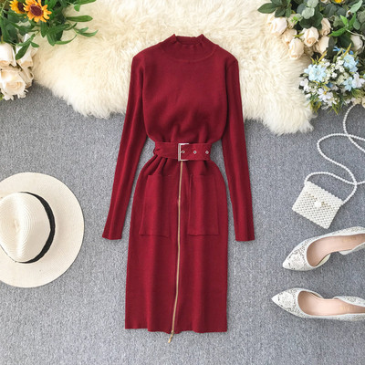 Modern női ruha cipzárral és övvel, különböző színekben