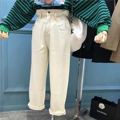 Μοντέρνα γυναικεία τζιν με ψηλή μέση σε μπλε, καφέ και άσπρο χρώμα