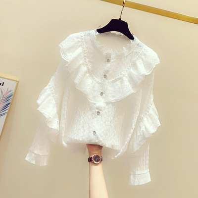 Cămașă elegantă de damă cu nasturi și decolteu oval în alb și violet