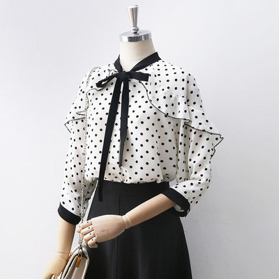 Cămașă de damă cu mâneci 3/4 și panglică alb-negru