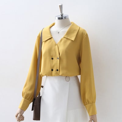 Cămașă modernă de damă cu decolteu în V și închidere dublă de culoare galbenă