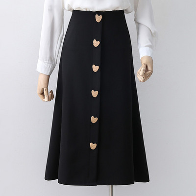 Fusta de dama eleganta cu talie inalta si nasturi aurii in negru