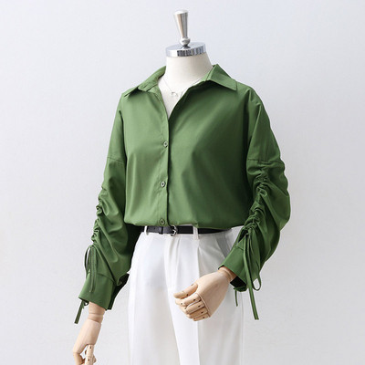 Cămașă de damă cu legături la mânecă în verde și albastru