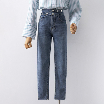 Blugi de dama moderni drepti cu talie inalta in albastru