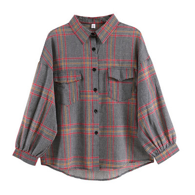 Cămașă de damă în carouri cu guler clasic de culoare gri