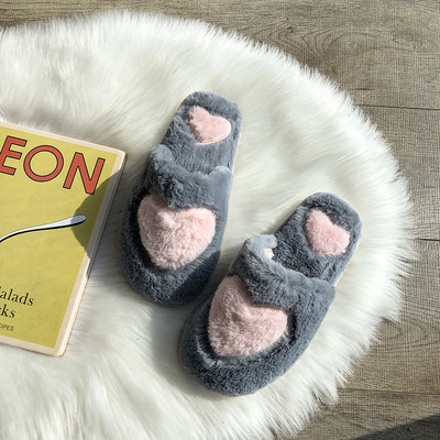 Пухени дамски домашни чехли със сърце в няколко цвята