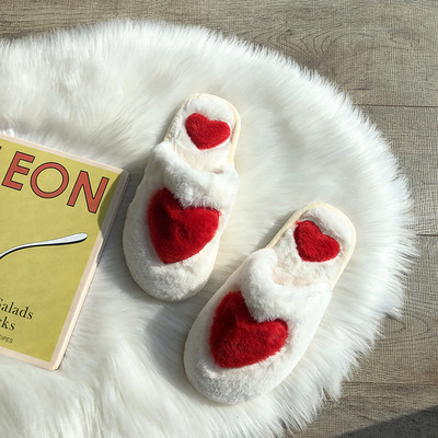 Пухени дамски домашни чехли със сърце в няколко цвята
