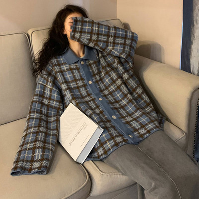 Női alkalmi kockás kardigán kék színben