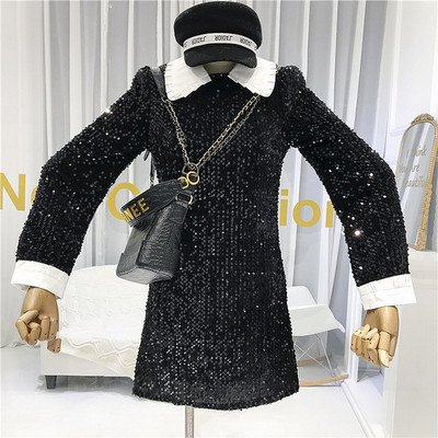 Rochie elegantă de damă cu paiete și guler în negru