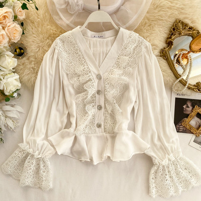 Cămașă elegantă de damă cu dantelă în alb-negru