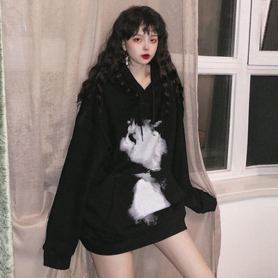 Μακρύ γυναικείο φούτερ με κουκούλα σε μαύρο χρώμα