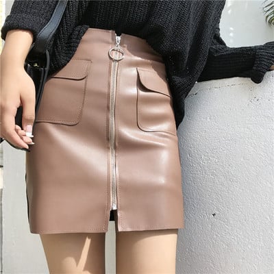 Κομψή φούστα από οικολογικό δέρμα με μπροστινό φερμουάρ και τσέπες