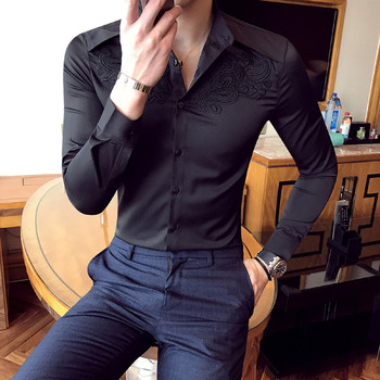 Стилна мъжка риза с бродерия е в черен и бял цвят