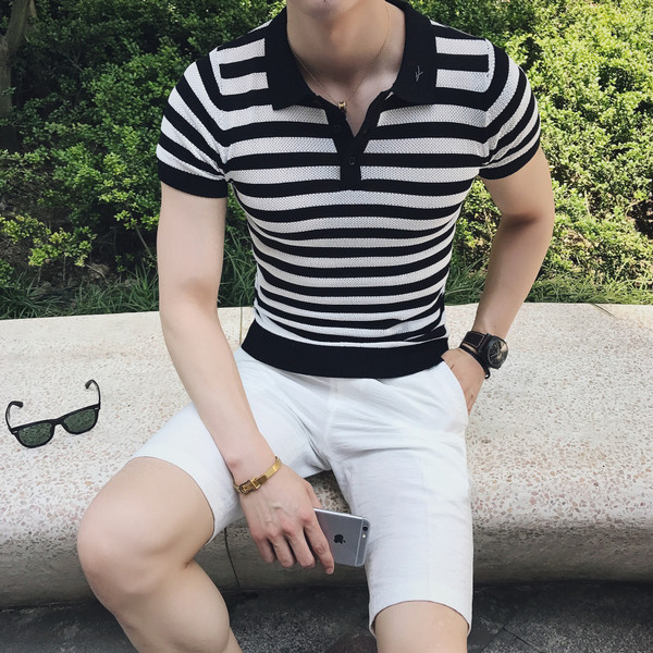 Ριγέ ανδρικό  μπλουζάκι με κολάρο σε δύο χρώματα