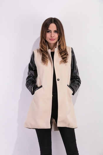 Дамско дълго палто с ръкави от еко кожа в два цвята