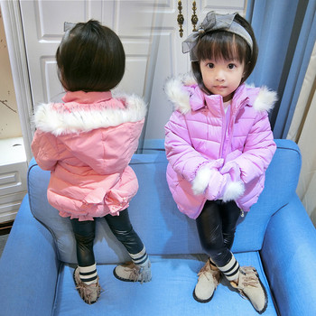 Детско зимно яке за момичета с качулка и пух в четири цвята + ръкавици