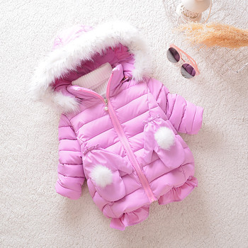 Παιδικό χειμωνιάτικο σακάκι για κορίτσια με κουκούλα και πούπουλο σε τέσσερα χρώματα + γάντια