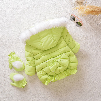Παιδικό χειμωνιάτικο σακάκι για κορίτσια με κουκούλα και πούπουλο σε τέσσερα χρώματα + γάντια