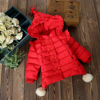 Детско зимно яке за момичета с качулка в розов, червен и черен цвят