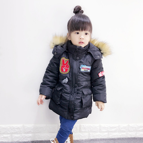 Παιδικό χειμωνιάτικο σακάκι για κορίτσια με εφαρμογή και κουκούλα σε δύο χρώματα