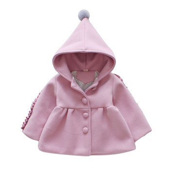 Детско есено-зимно палто с качулка  за момичета с копчета и ефекти на ръкавите в три цвята 