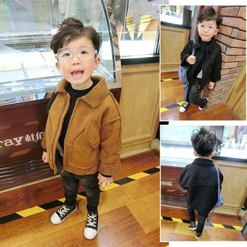 Стилно детско късо палто за момчета в черен и кафяв цвят