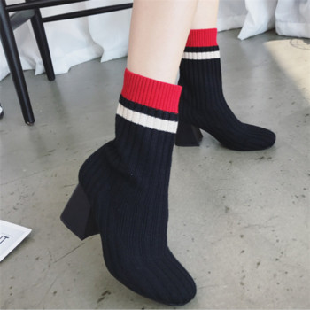 Ежедневни много актуални дамски обувки на висок дебел ток с топло повърхностно покритие стил чорап