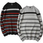 Ανδρικό καθημερινό πουλόβερ με κολάρο σε σχήμα O, ριγέ και μακριά μανίκια