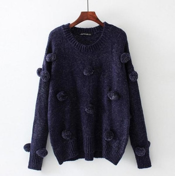 Ежедневен дамски екстравагантен пуловер с О-образна яка и меки пухчета - 3 модела