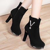 Дамски боти на ток с камъче и дантела в черен и бордо цвят