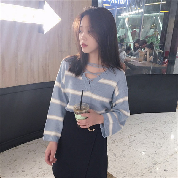 Дамски есенно-зимен  пуловер с връзки в два цвята 