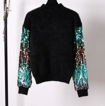 Стилен и екстравагантен дамски пуловер от мека вълна с ръкави целите в пайети