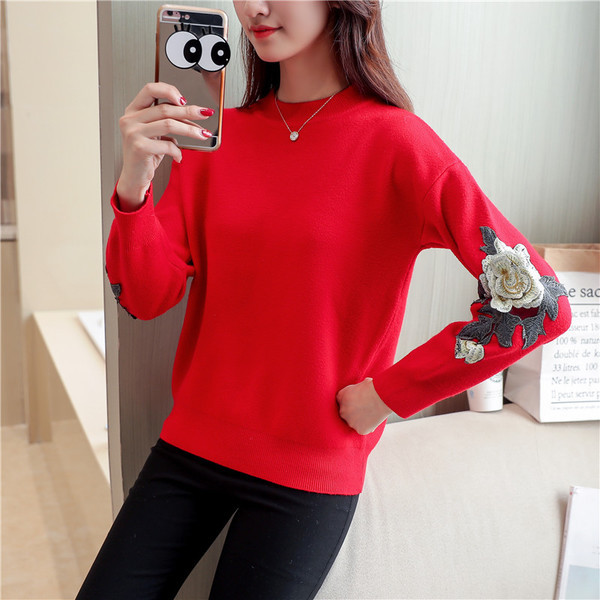 Γυναικεία πουλόβερ με κολάρο σε σχήμα O με κεντήματα σε διάφορα χρώματα