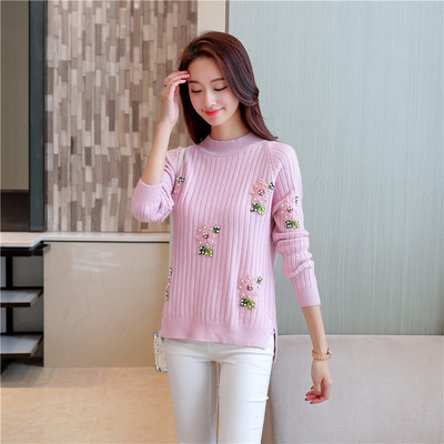 Ежедневен дамкски пуловер с цветя и перли в четири цвята