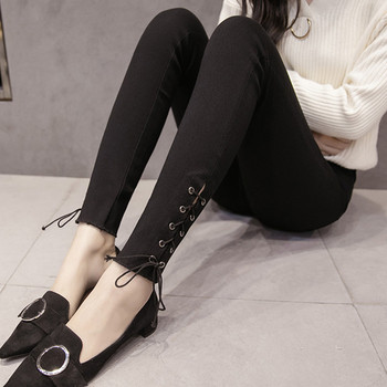 Модерен дамски ластичен панталон с висока талия и връзки в черен цвят