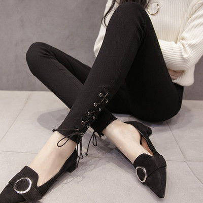 Модерен дамски ластичен панталон с висока талия и връзки в черен цвят