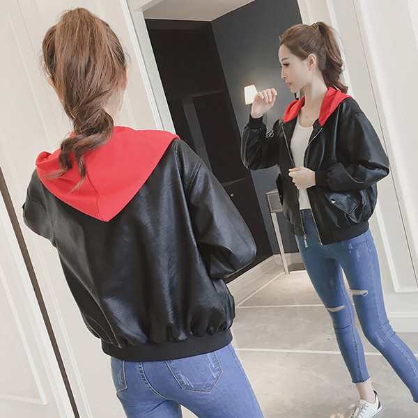 Καθημερινή σακάκι από βομβαρδιστικά δερμάτινα κυρίες με χρωματιστό καπό