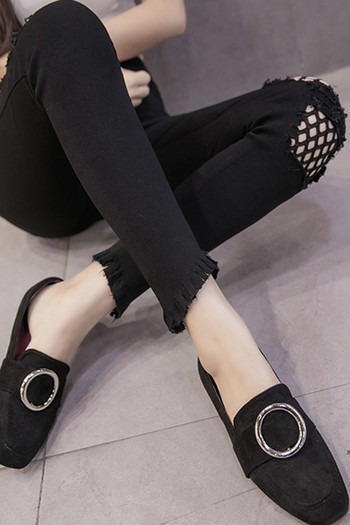Нов модерен дамски панталон с висока талия, ресни и мрежести в черен цвят