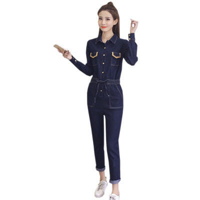 Стилен дамски дънков гащеризон в тъмен цвят