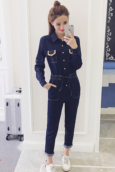 Стилен дамски дънков гащеризон в тъмен цвят