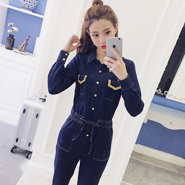 Стилен дамски дънков гащеризон в тъмен цвят