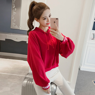 Καθημερινή μπλούζα με κουκούλα με ενδιαφέρουσα επιγραφή στην πλάτη και τα μανίκια