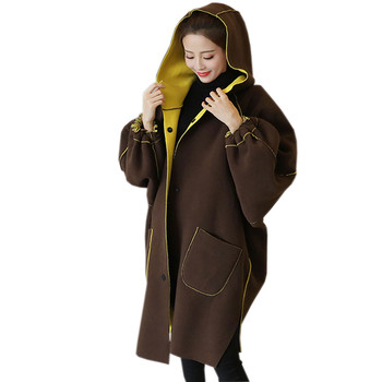 Дамско дълго палто с качулка,широк модел с две лица 