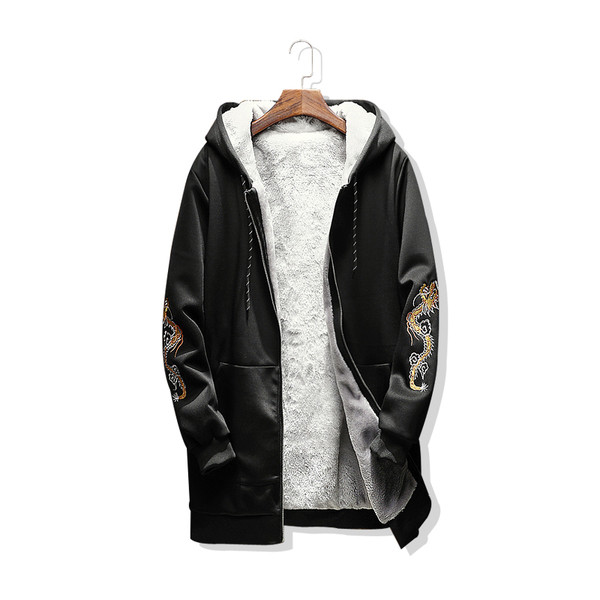 Μακρύ μάλλινο σακάκι μακρύ ανδρικό με κουκούλα και μαύρο γράψιμο στο πίσω μέρος