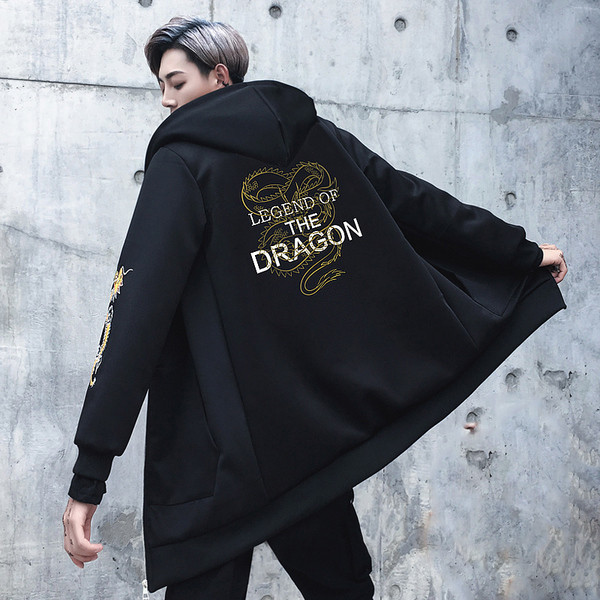 Μακρύ μάλλινο σακάκι μακρύ ανδρικό με κουκούλα και μαύρο γράψιμο στο πίσω μέρος