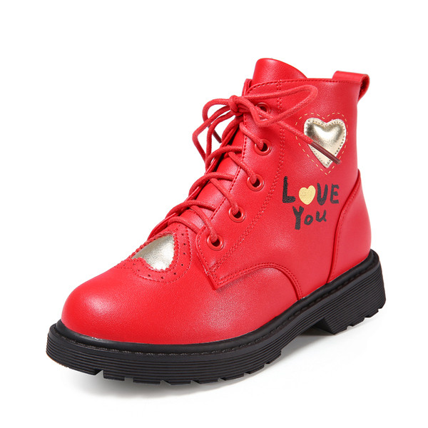 Стилни детски кубинки в червен и черен цвят с надпис