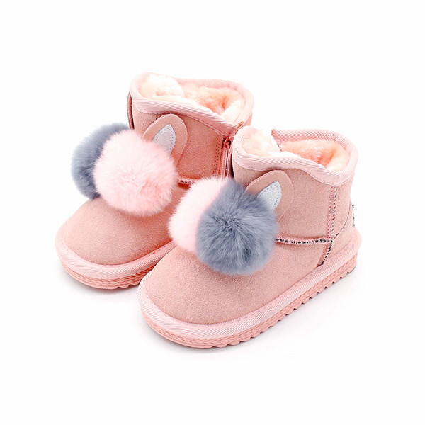 Стилни детски боти за момичета с пухчета в три цвята